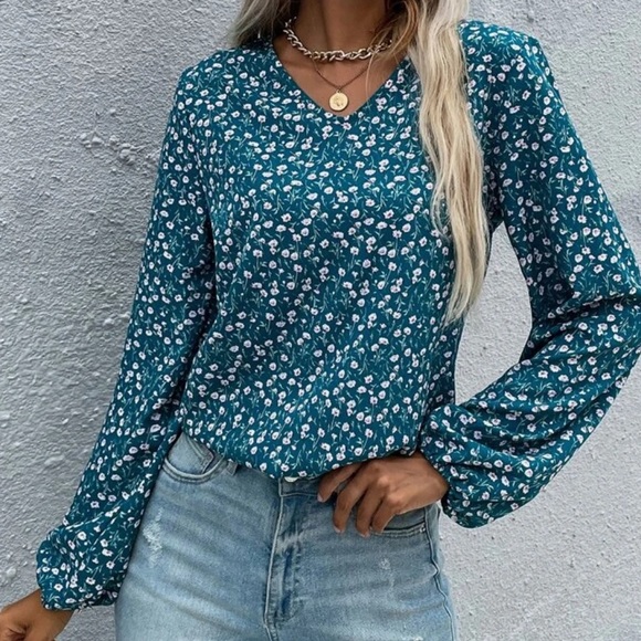 Teal blue  v neck long sleeve blouse - Picture 5 of 7